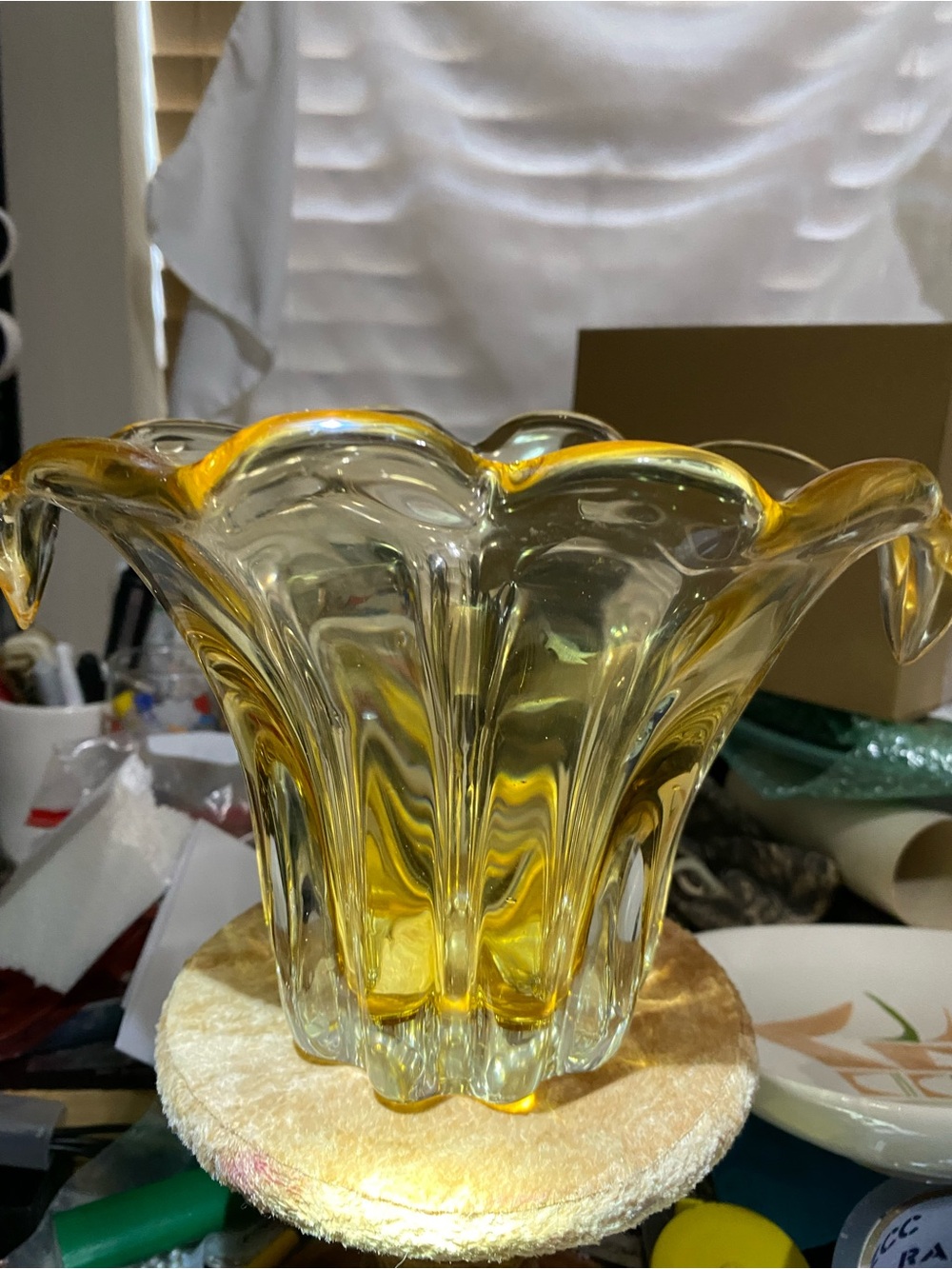 Mid Century Murano for Teleflora Art Glass Citrine Waterfall Floral Vase